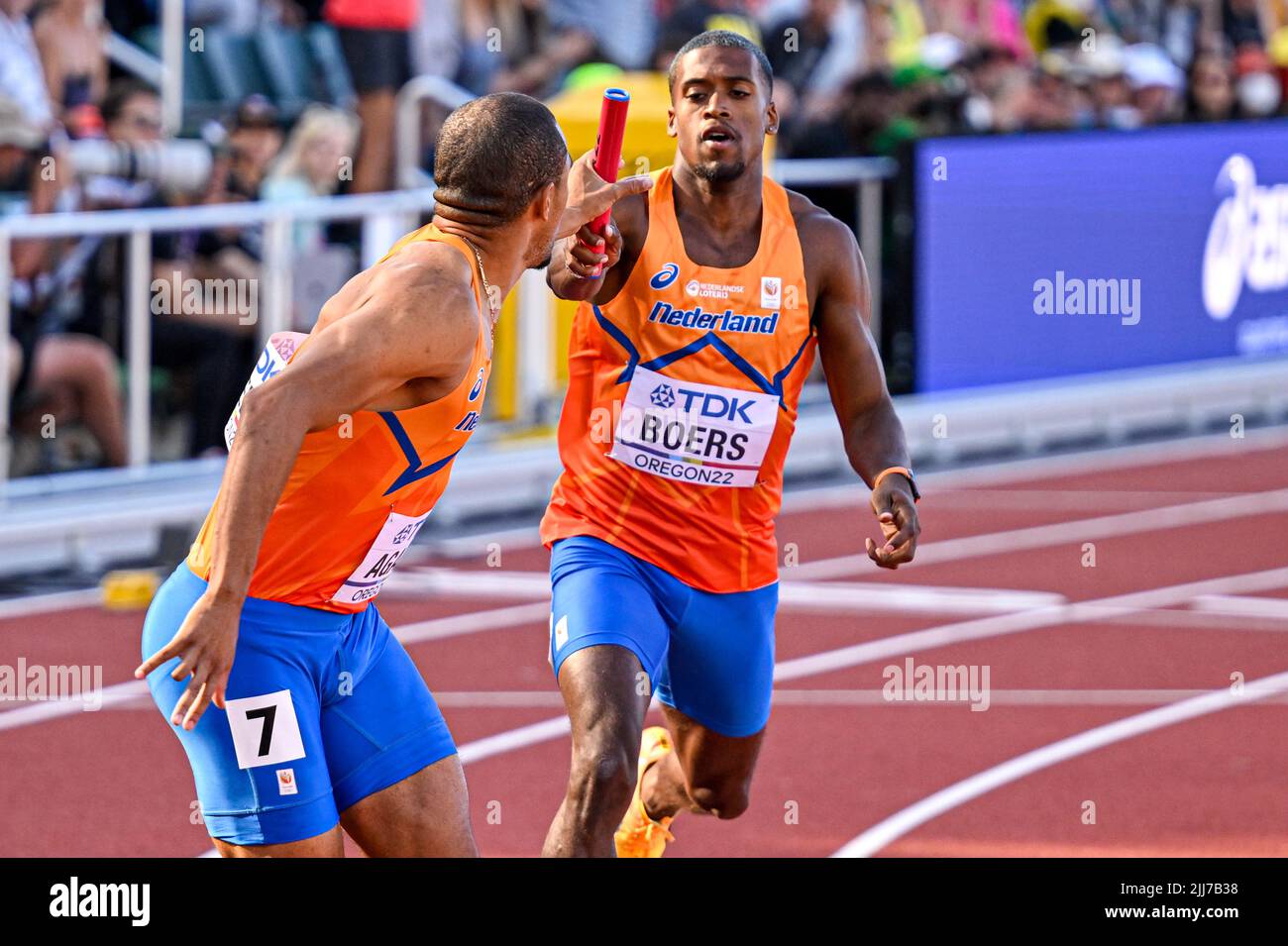 EUGENE, STATI UNITI - LUGLIO 23: Iayah Boers of the Netherlands che gareggia sul relay Men's 4x 400m durante il World Athletics Championships il 23 luglio 2022 a Eugene, Stati Uniti (Foto di Andy Astfalck/BSR Agency) Atletiekunie Foto Stock