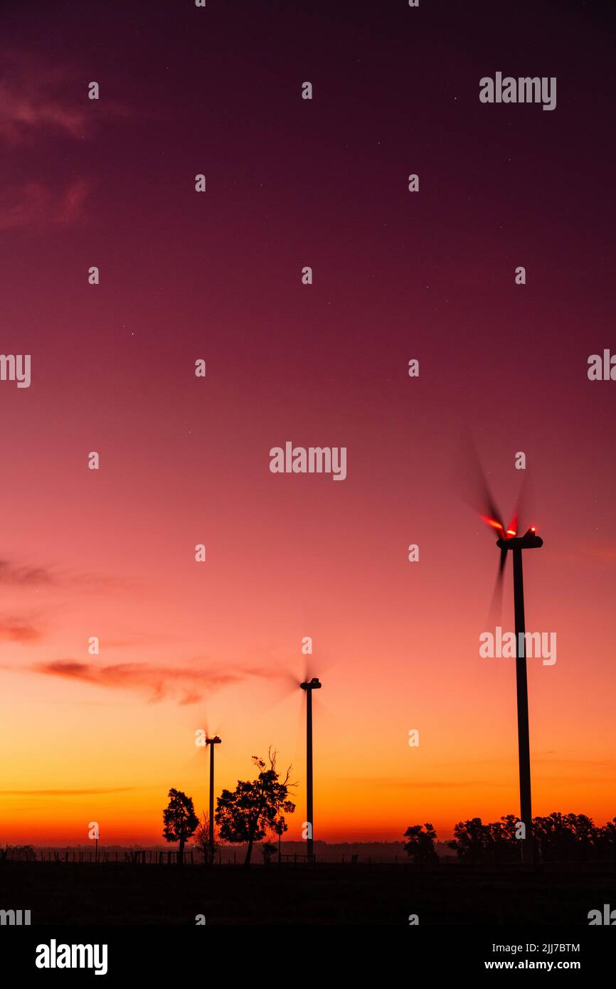 Silhouette di tre moderni mulini a vento in un tramonto rossastro alla periferia di Kiyú, San José, Uruguay Foto Stock