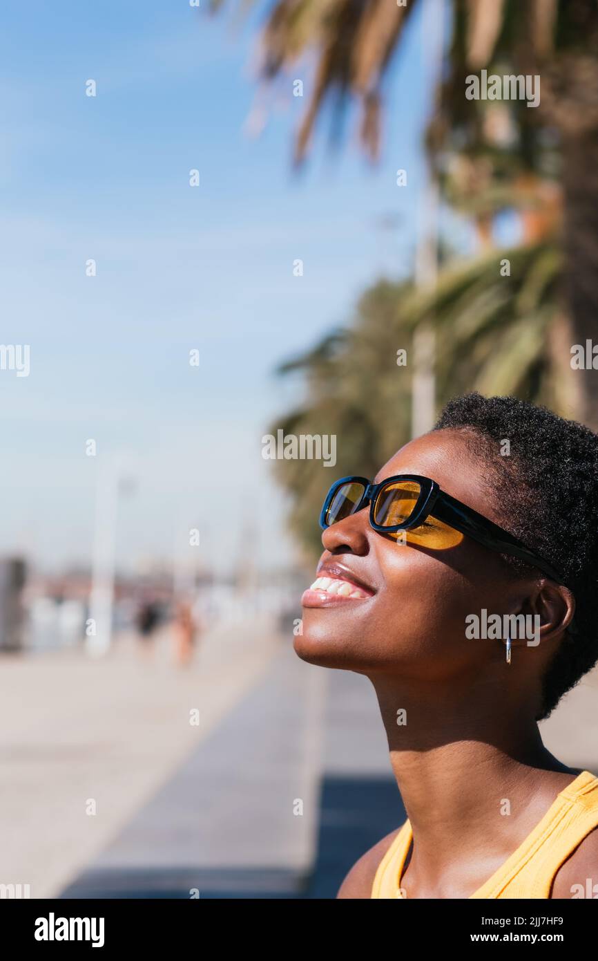 ritratto verticale da un lato di una donna africana positiva con capelli molto corti. Sta guardando via godendo il sole Foto Stock