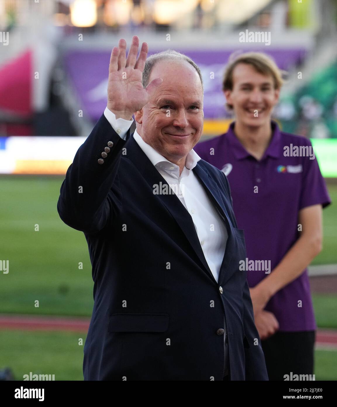 Il Principe Alberto di Monaco reagisce il giorno nove del Campionato Mondiale di Atletica a Hayward Field, Università dell'Oregon negli Stati Uniti d'America. Data foto: Sabato 23 luglio 2022. Foto Stock
