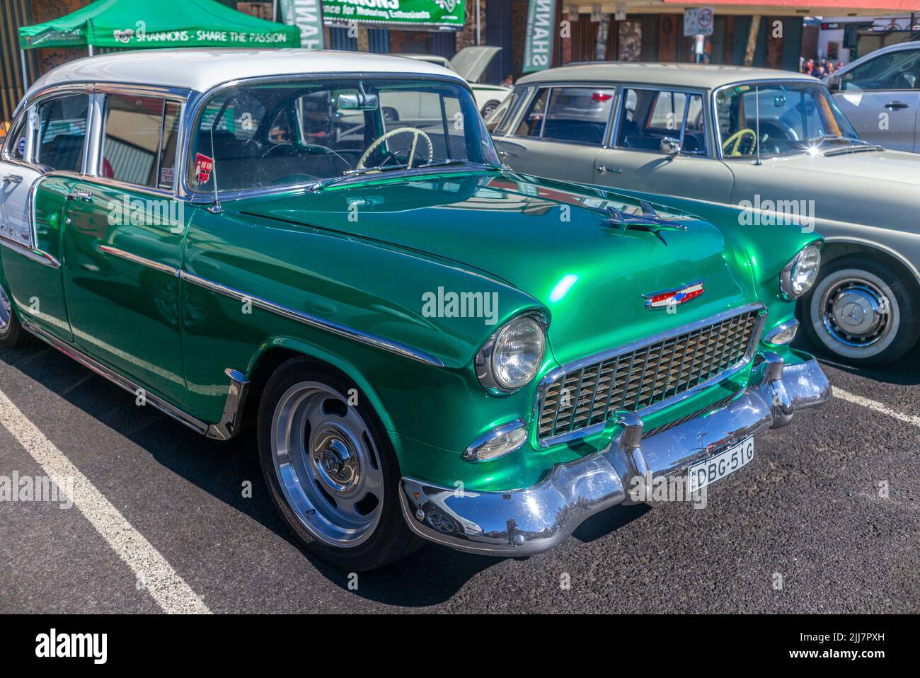 Green 1957 Chevrolet Belair 2 porte Sport Coupé al salone di Glen Innes, nuovo galles del Sud, Australia Foto Stock