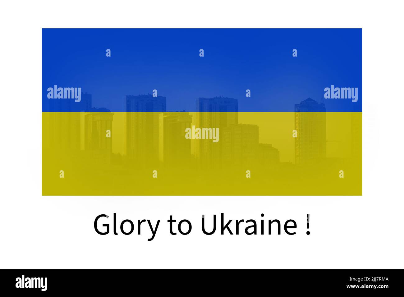 Bandiera Ucraina e grattacieli della città su uno sfondo bianco e testo gloria Ucraina, banner per sfondo Foto Stock