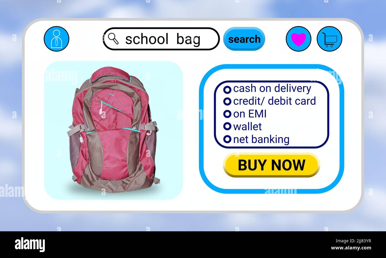 acquisto online borsa scuola con web view su sfondo cielo sfocato. Foto Stock