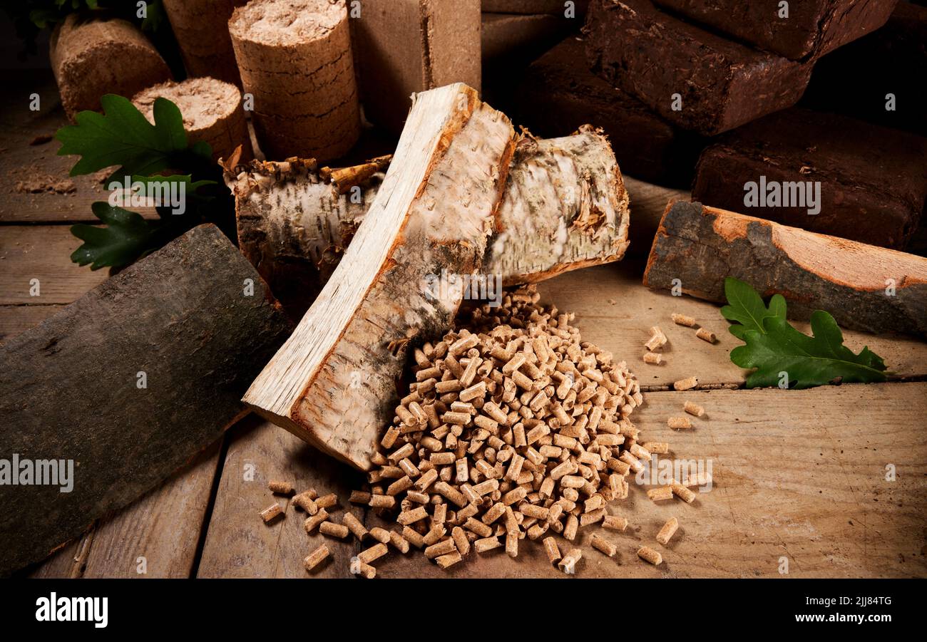 Alto angolo di legna da ardere tagliata di betulla e quercia sparsa su tavola di legno vicino a pellet di combustibile e bricchetti cilindrici e quadrati di biomassa Foto Stock
