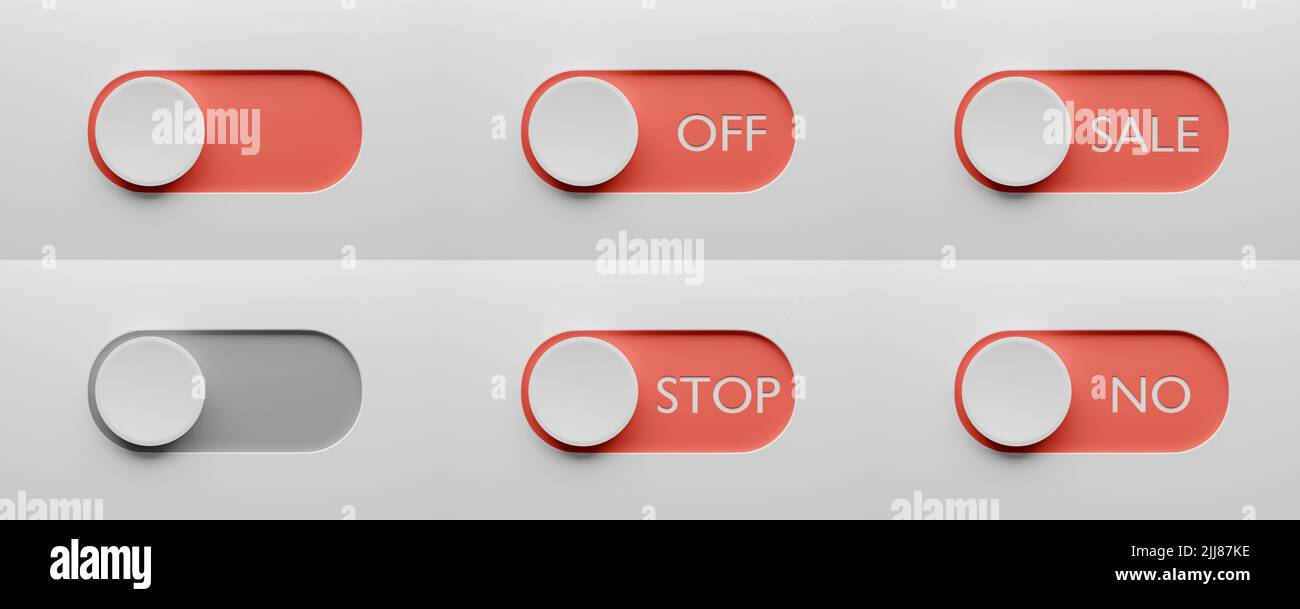 I pulsanti di commutazione impostano il modello. Interruttore rosso NO, OFF, VENDITA, STOP. Cambia design per app o sito Web. 3d rendering. Foto Stock