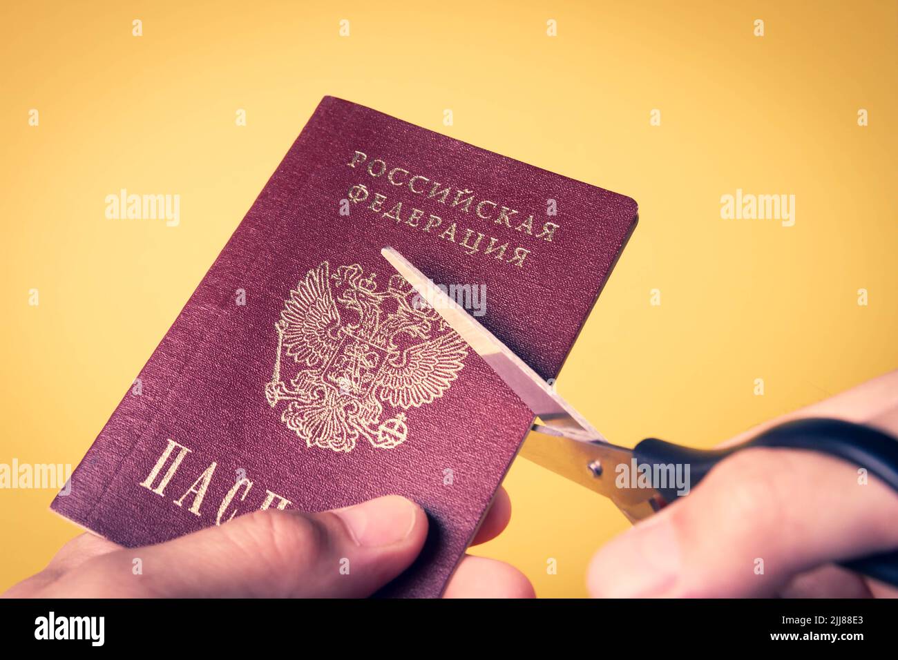 Deportazione dalla Russia. Privazione della cittadinanza. Modifica del paese. Le forbici tagliano il passaporto di un cittadino della Federazione Russa. Foto Stock