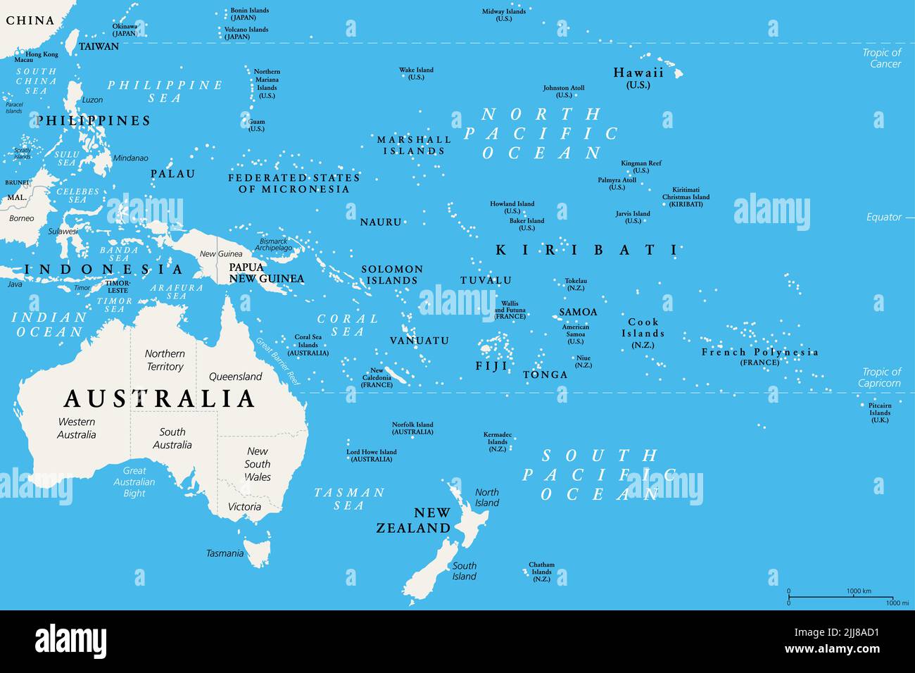 Oceania, mappa politica. Australia e Pacifico, compresa la Nuova Zelanda. Regione geografica, a sud-est della regione Asia-Pacifico. Foto Stock