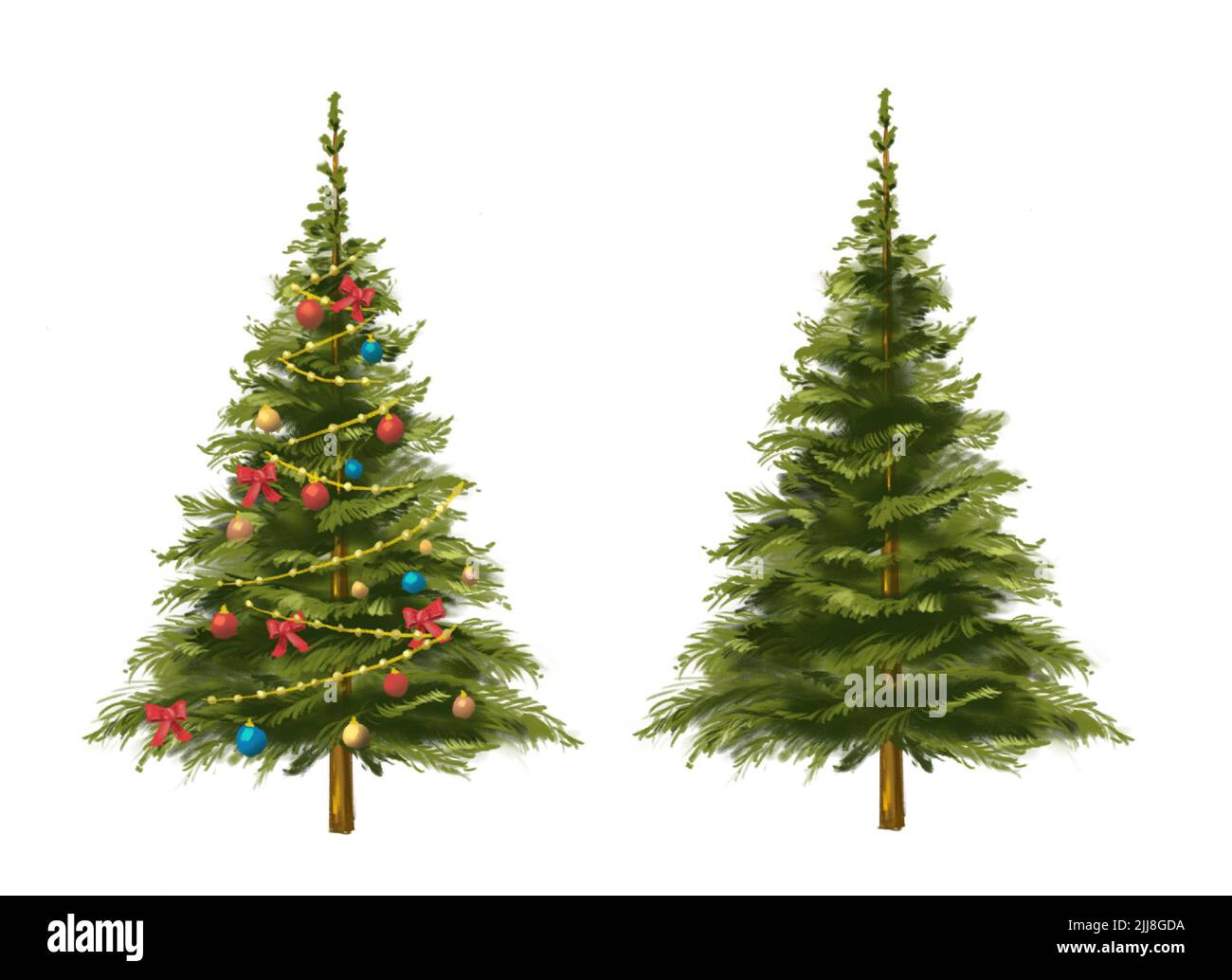 Due alberi di Natale isolati. Albero di Natale con palle e ghirlone su sfondo bianco. Illustrazione disegnata a mano. Foto Stock
