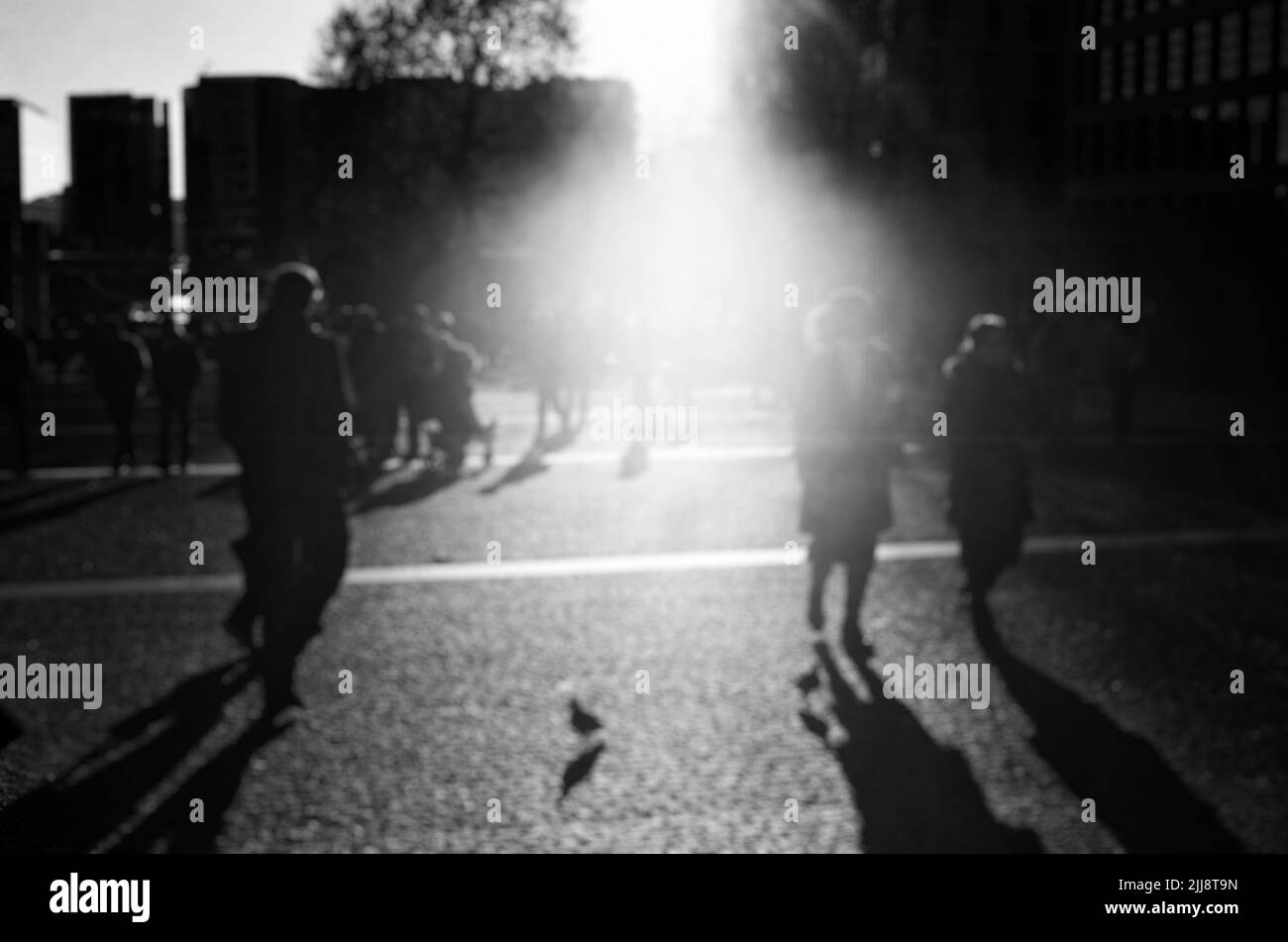 Vista sfocata della silhouette delle persone al parco pubblico di Londra con luce del sole attraverso l'edificio. Immagine in bianco e nero. Foto Stock
