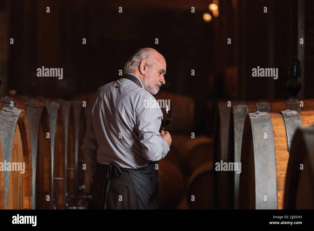 Enologo caucasico senior graybeard degusta vino rosso per verificarne la qualità e il sapore, accanto a un grosso barile di quercia Foto Stock