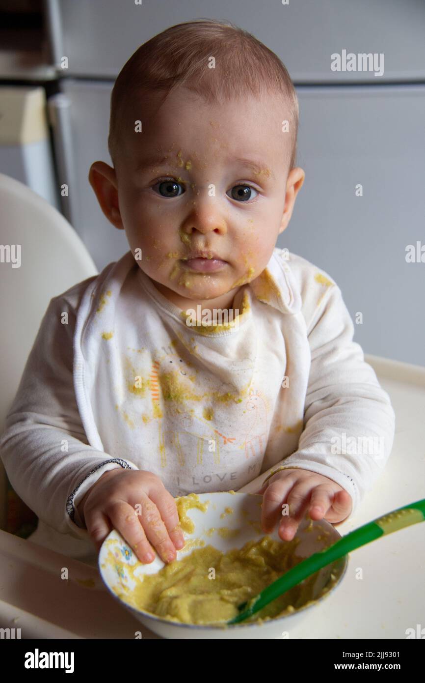 Bambino sudicio e sporco che mangia cibo con mani e cucchiaio su seggiolone, ragazzo che impara a mangiare Foto Stock