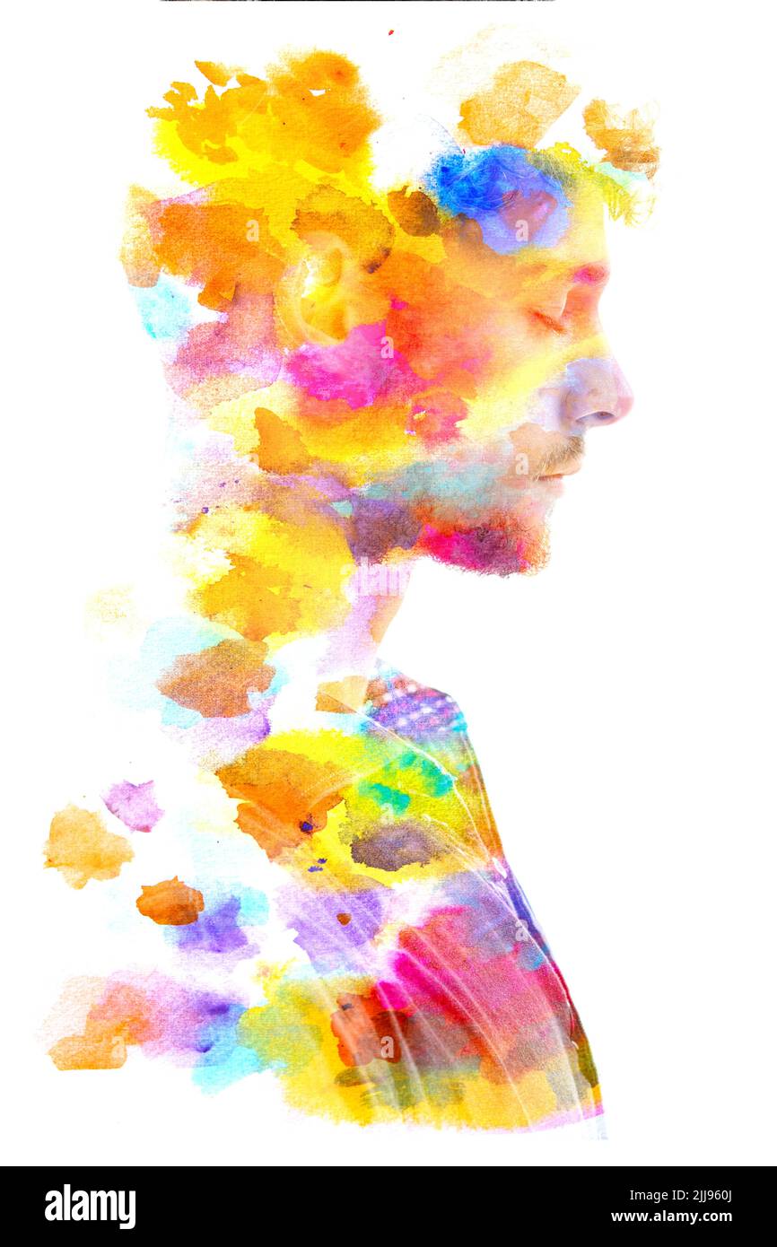 Pittura. Acquerello astratto e ritratto di un uomo Foto Stock