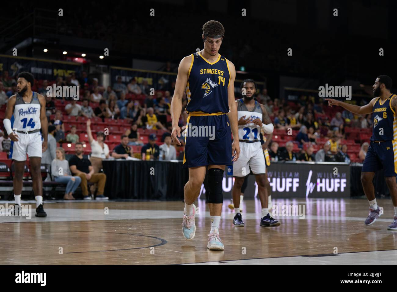 Edmonton, Alberta, Canada. 23rd luglio 2022. BRODY CLARKE (14) degli Edmonton Stingers in azione durante una regolare stagione di Cebl match in cui gli Edmonton Stingers hanno ospitato i Guelph Nighthawks all'Edmonton Expo Center di Edmonton, Alberta. (Credit Image: © Matthew Helfrich/ZUMA Press Wire) Foto Stock