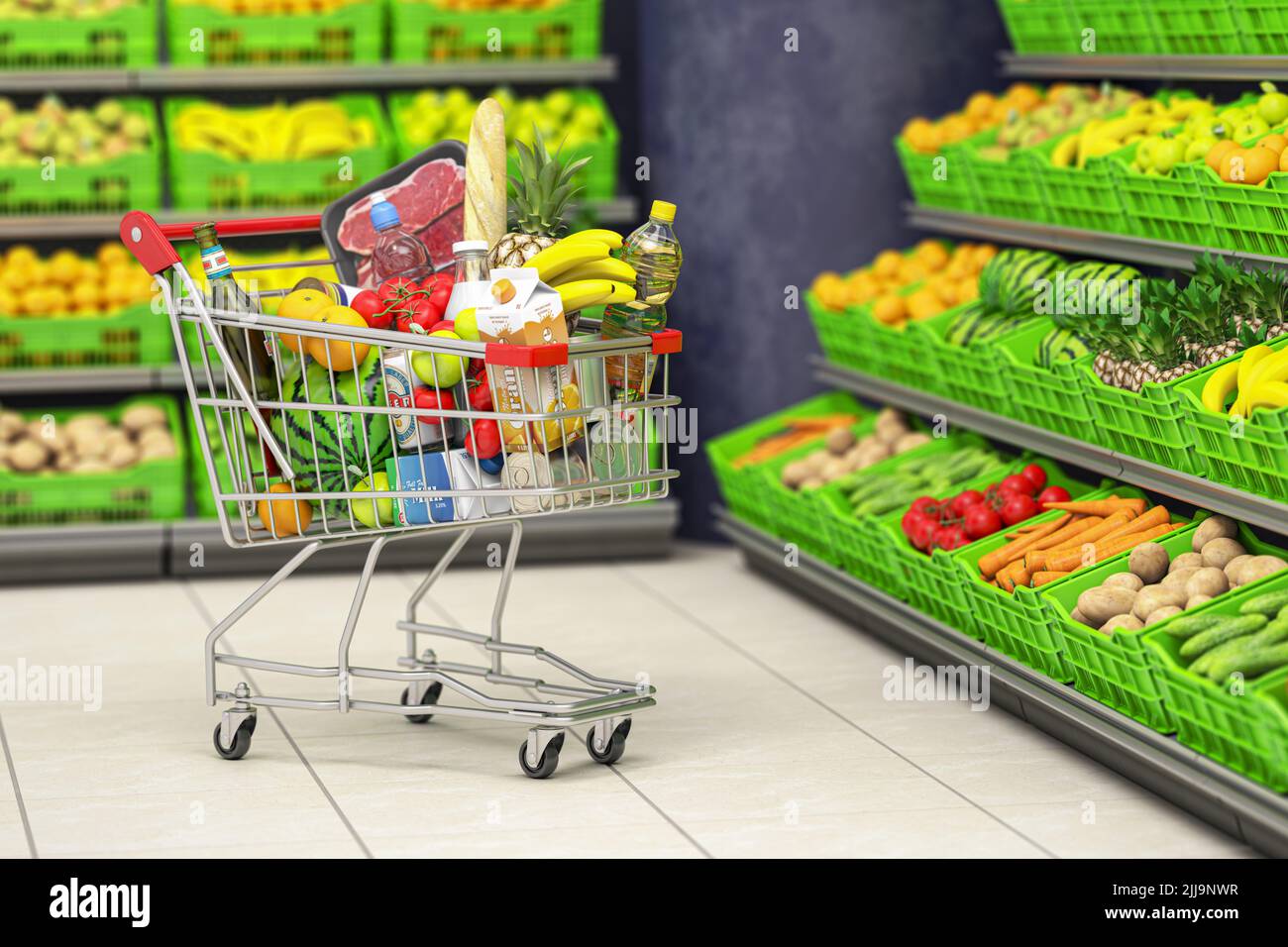 Carrello pieno di cibo in un supermercato o negozio di alimentari con scaffali di frutta e verdura. 3d illustrazione Foto Stock