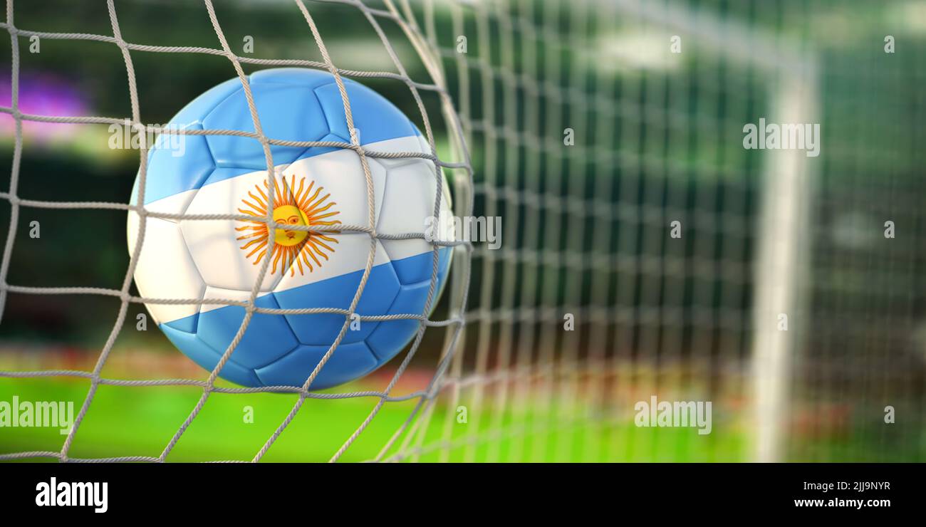 Pallone da calcio con bandiera argentina nella rete di gol dello stadio di calcio. Campionato di calcio del concetto argentino. 3d illustrazione Foto Stock