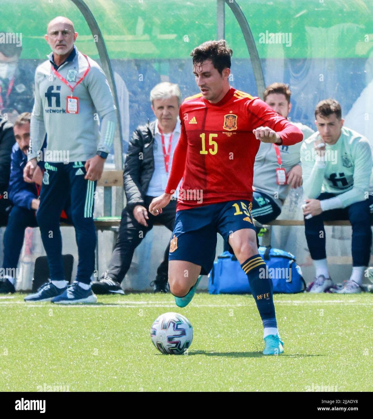 Inver Park, Larne, County Antrim, Irlanda del Nord, Regno Unito. 03 giugno 2022. UEFA 2023 Under21 Championship Qualifier - Gruppo C - Irlanda del Nord 0 Spagna 6. Spagna internazionale U21 giocatori Victor Chust Spagna (15) Foto Stock