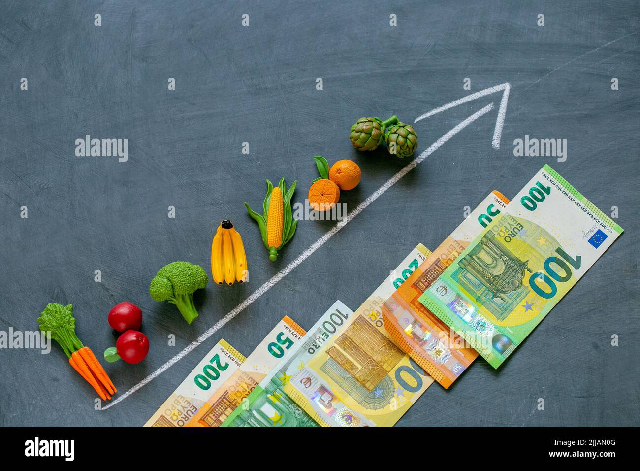La crisi alimentare cresce nei paesi dell'Unione europea.i prezzi delle verdure e della frutta aumentano, le verdure e la frutta e le frecce su gesso nero Foto Stock