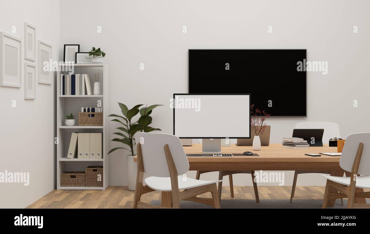 Spazio di lavoro moderno e minimale, design interno con computer mockup e accessori per ufficio sul tavolo, ripiano bianco, impianto interno e TV Foto Stock