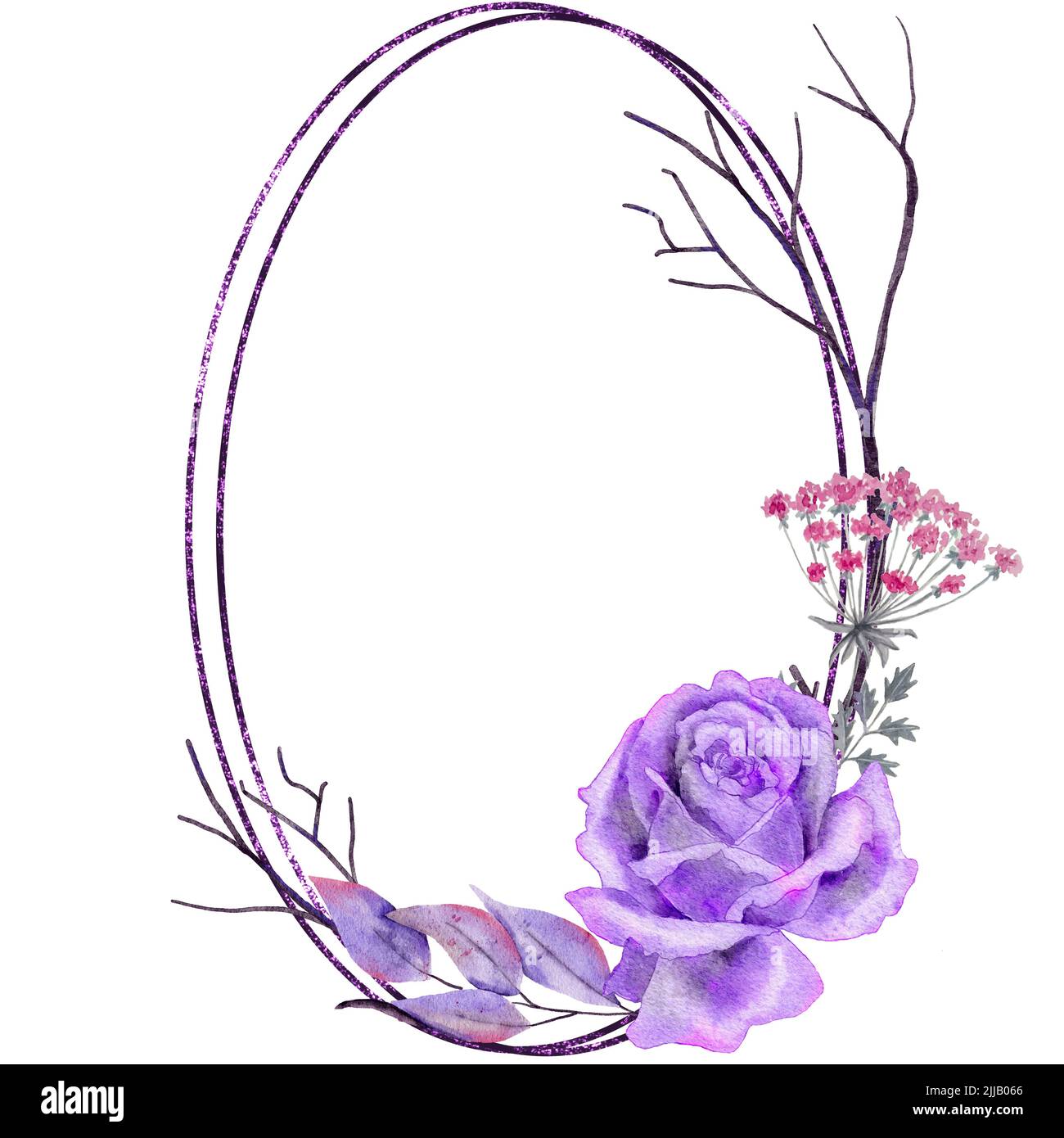 Illustrazione disegnata a mano di Halloween mistica cornice rosa magica con foglie viola rami neri cristalli funghi. Spooky horror fiori floreale invito elegante mistico design Foto Stock