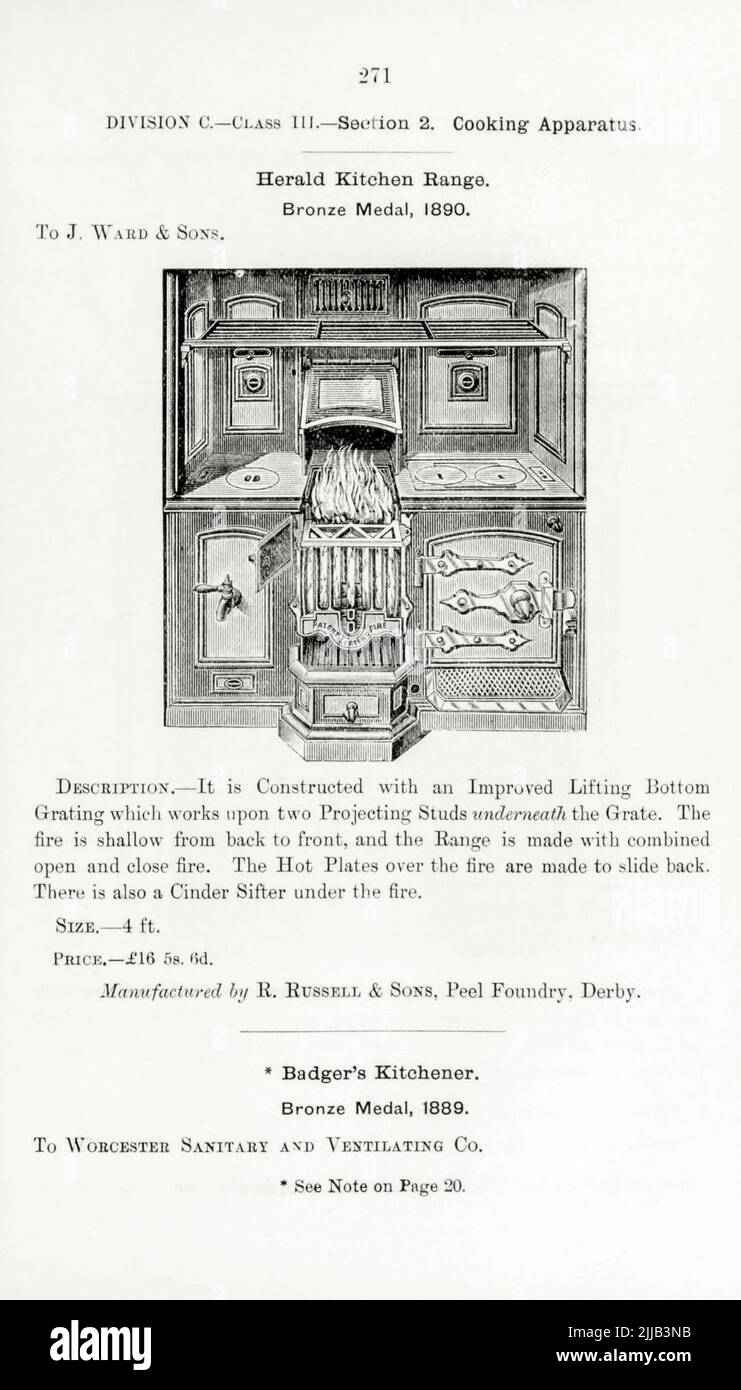 Herald Kitchen Range, dall'elenco illustrato del libro delle esposizioni alle quali sono state assegnate medaglie alle loro mostre, tenute in occasione dei congressi di Worcester, 1889 ; Brighton, 1890 ; Portsmouth, 1892 ; Liverpool, 1894 ; Newcastle, 1896 ; Leeds, 1897 ; Birmingham, 1898 ; Southampton, 1899 da Istituto sanitario (Gran Bretagna) Data di pubblicazione 1906 Editore Londra : uffici dell'Istituto sanitario Foto Stock