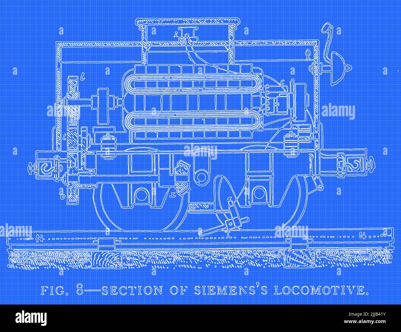 Stampa blu di una sezione della locomotiva di Siemens dall'articolo ' SVILUPPO DELLA LOCOMOTIVA ELETTRICA ' di B. J. Arnold, M. Am E. dal volume VII Aprile a Settembre 1894 NEW YORK The Engineering Magazine Co Foto Stock