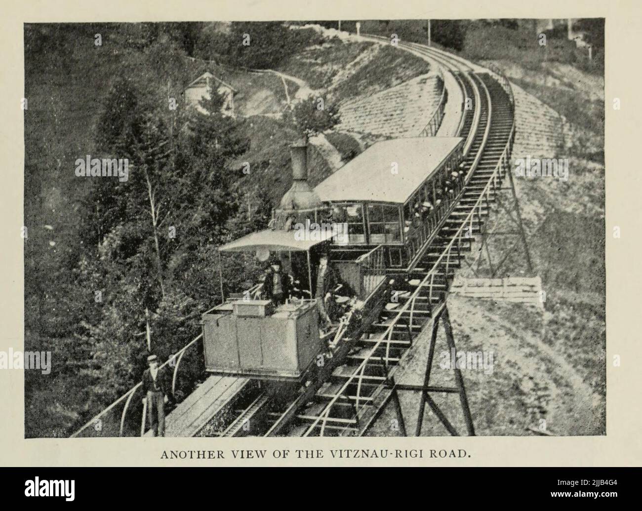 Vista della strada posteriore Vitznau-Rigi in Svizzera. Dall'articolo ' SISTEMI FERROVIARI INCLINATI DEL MONDO ' di Theodore C. Ives della rivista Engineering Magazine DEDICATA AL PROGRESSO INDUSTRIALE Volume VII Aprile-Settembre 1894 NEW YORK la rivista Engineering Co Foto Stock