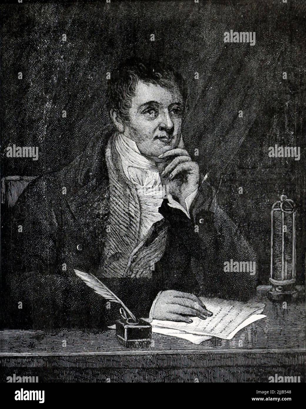 Sir Humphry Davy, di Thomas Phillips Sir Humphry Davy, 1st Baronet, PRS, MRIA, FGS (17 dicembre 1778 – 29 maggio 1829), è stato un chimico e inventore britannico della Cornovaglia[1] che ha inventato la lampada Davy e una forma molto precoce di lampada ad arco. È ricordato anche per aver isolato, utilizzando l'elettricità, per la prima volta diversi elementi: Potassio e sodio nel 1807 e calcio, stronzio, bario, magnesio e boro l'anno successivo, nonché per aver scoperto la natura elementare del cloro e dello iodio. Davy studiò anche le forze coinvolte in queste separazioni, inventando il nuovo campo dell'elettrochimico Foto Stock