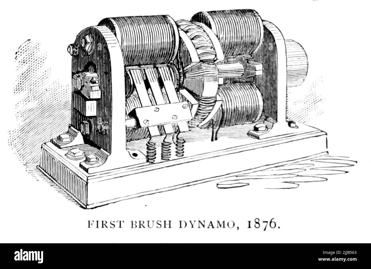 Primo Brush Dynamo 1876 dall'articolo 'INIZI E FUTURO DELL'ARC-LAMP' di S. M. Hamill dalla rivista Engineering Magazine DEDICATA AL PROGRESSO INDUSTRIALE Volume VII Aprile - Settembre 1894 NEW YORK The Engineering Magazine Co Foto Stock