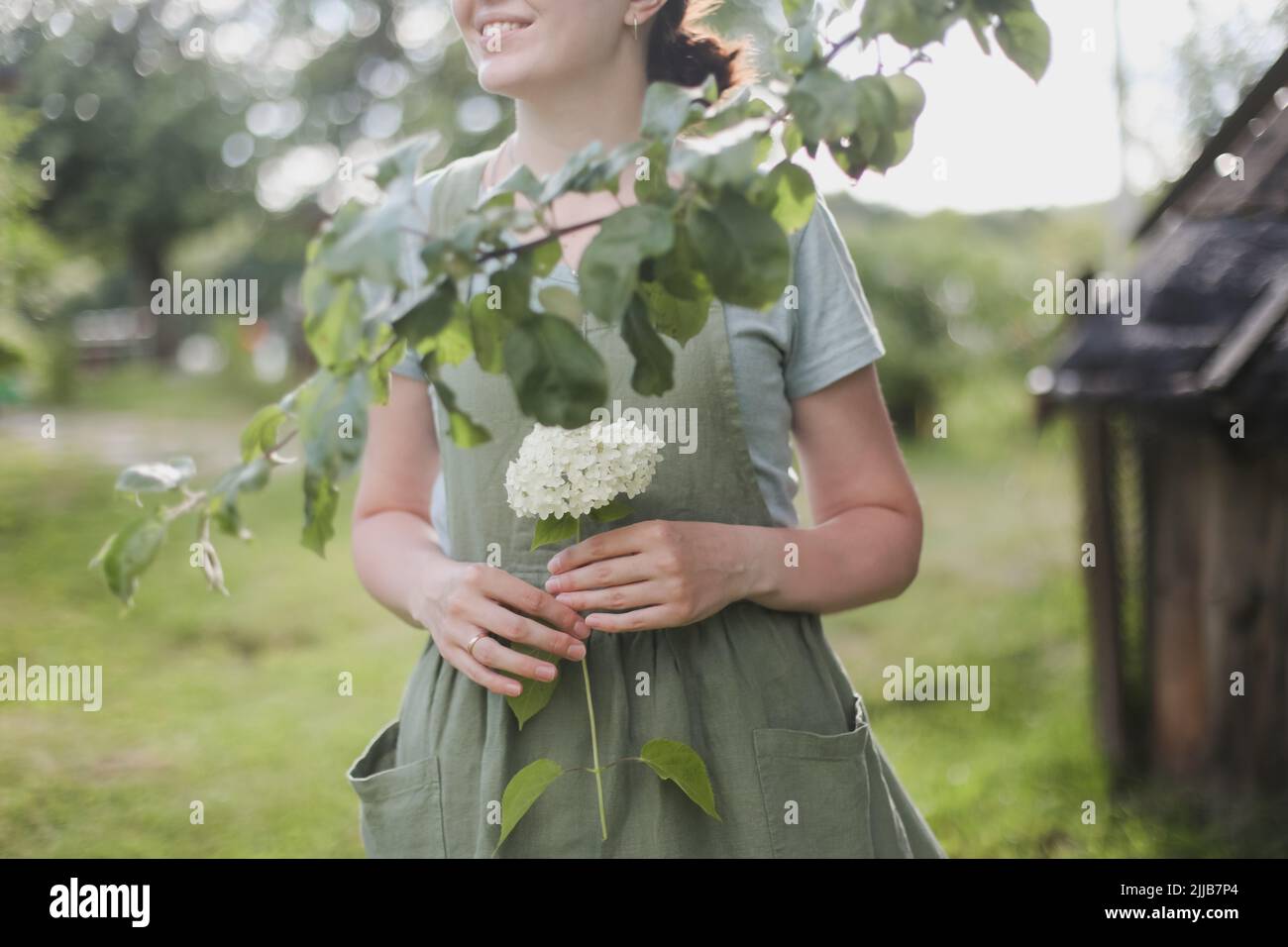 concetto di giardinaggio e professione - giovane donna in grembiule che tiene fiori in giardino in estate Foto Stock