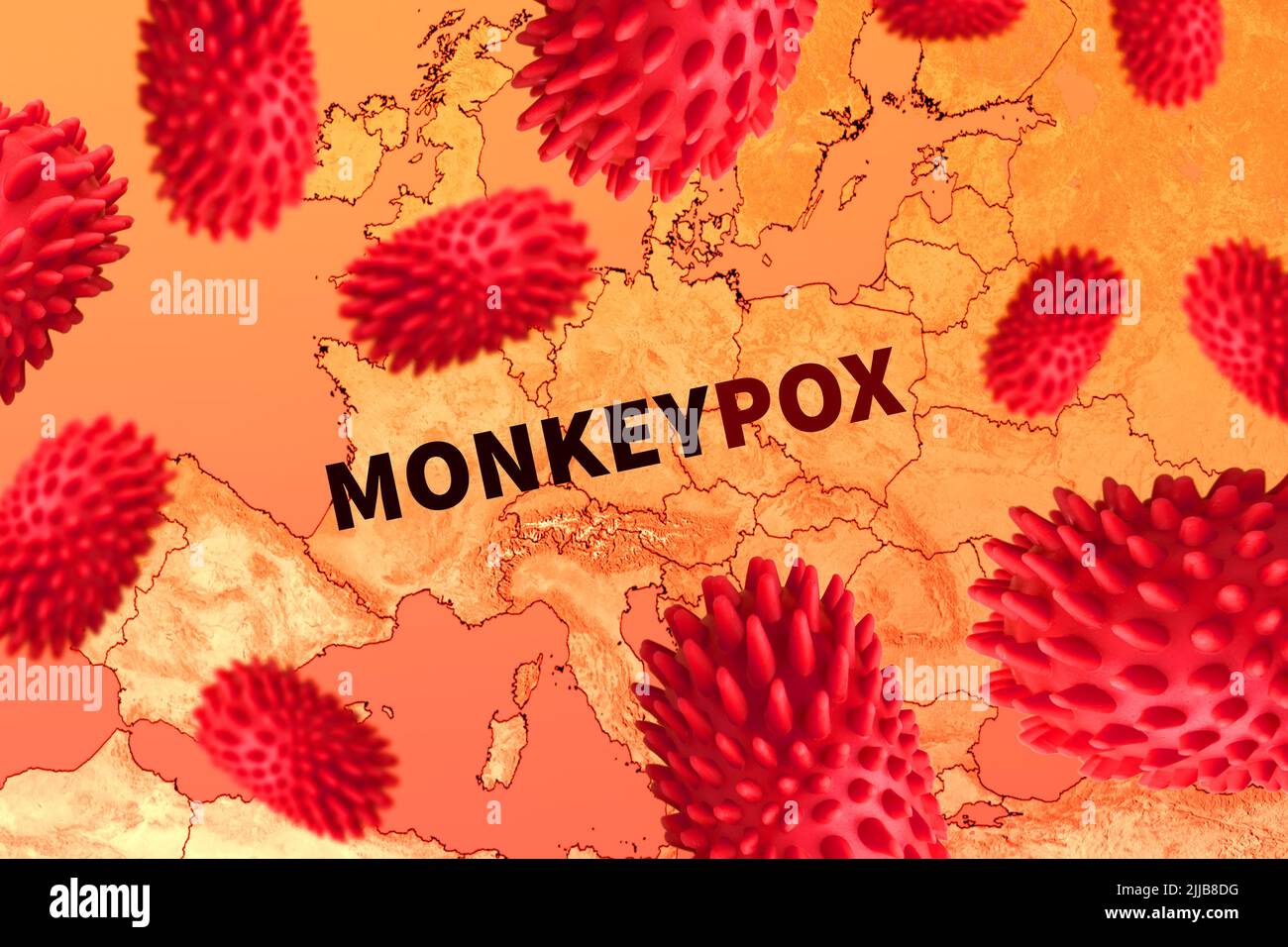 Mappa della diffusione del virus della scimmia in Europa. Modello astratto del virus del vaiolo. Diffusione di epidemie, minaccia pandemica, organizzazione mondiale della sanità. El Foto Stock