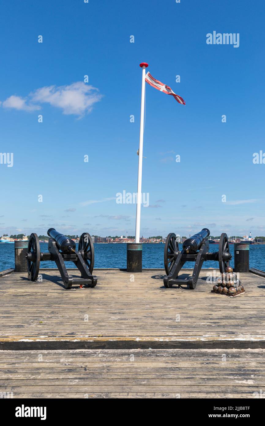 Monumento con cannoni e cannoni per la prima Guerra dello Schleswig a Strib, Funen, Danimarca. Porto di Fredericia sullo sfondo Foto Stock