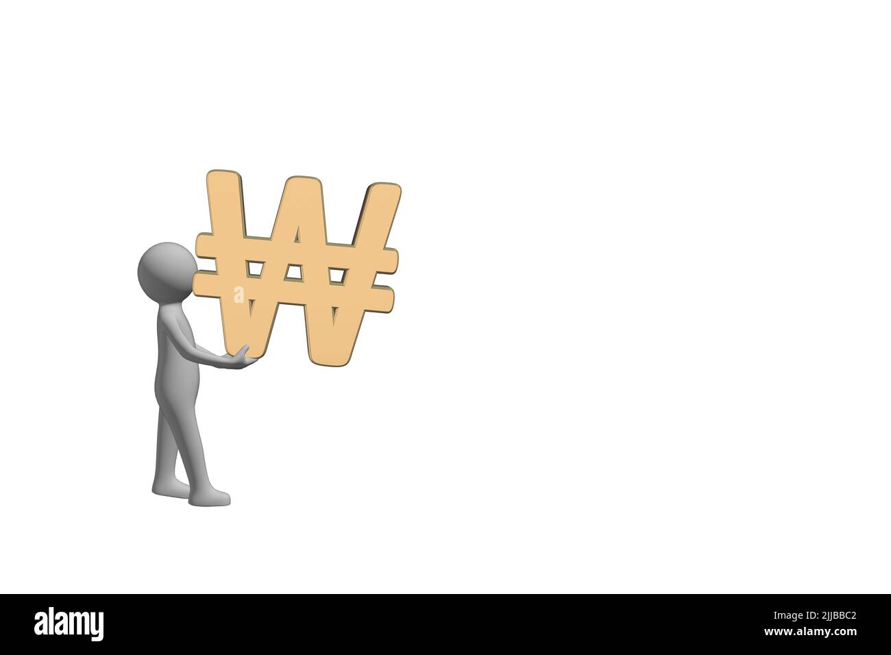 Uomo che trasporta denaro concetto 3D figura che trasporta un metallo d'oro 3D ha vinto segno di valuta tagliato fuori isolato su sfondo bianco Foto Stock