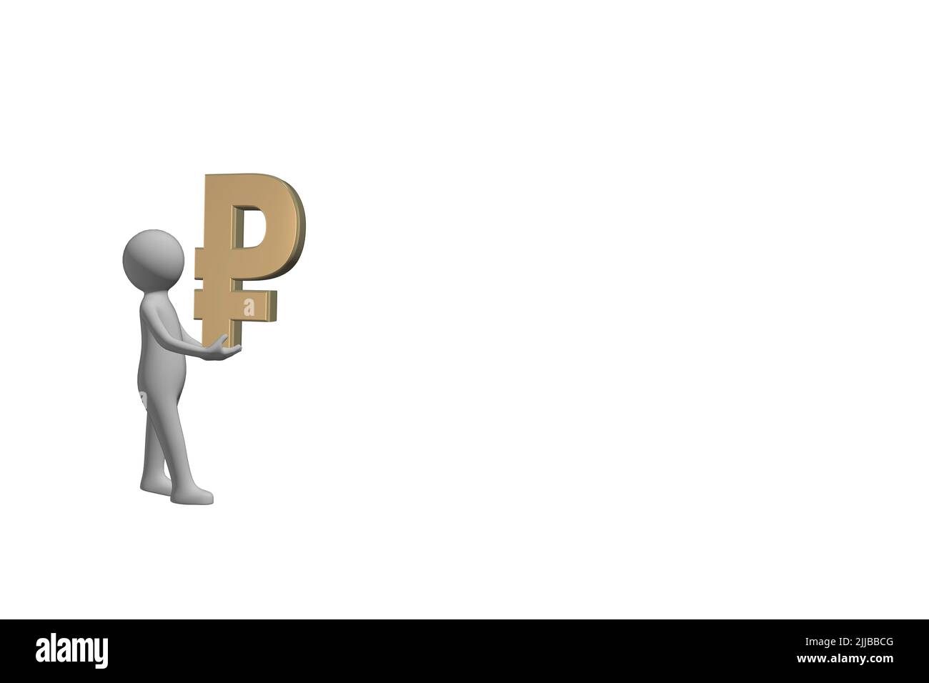 Uomo che trasporta il concetto di denaro 3D figura che trasporta un segno di valuta di rublo di metallo d'oro 3D tagliato fuori isolato su sfondo bianco Foto Stock