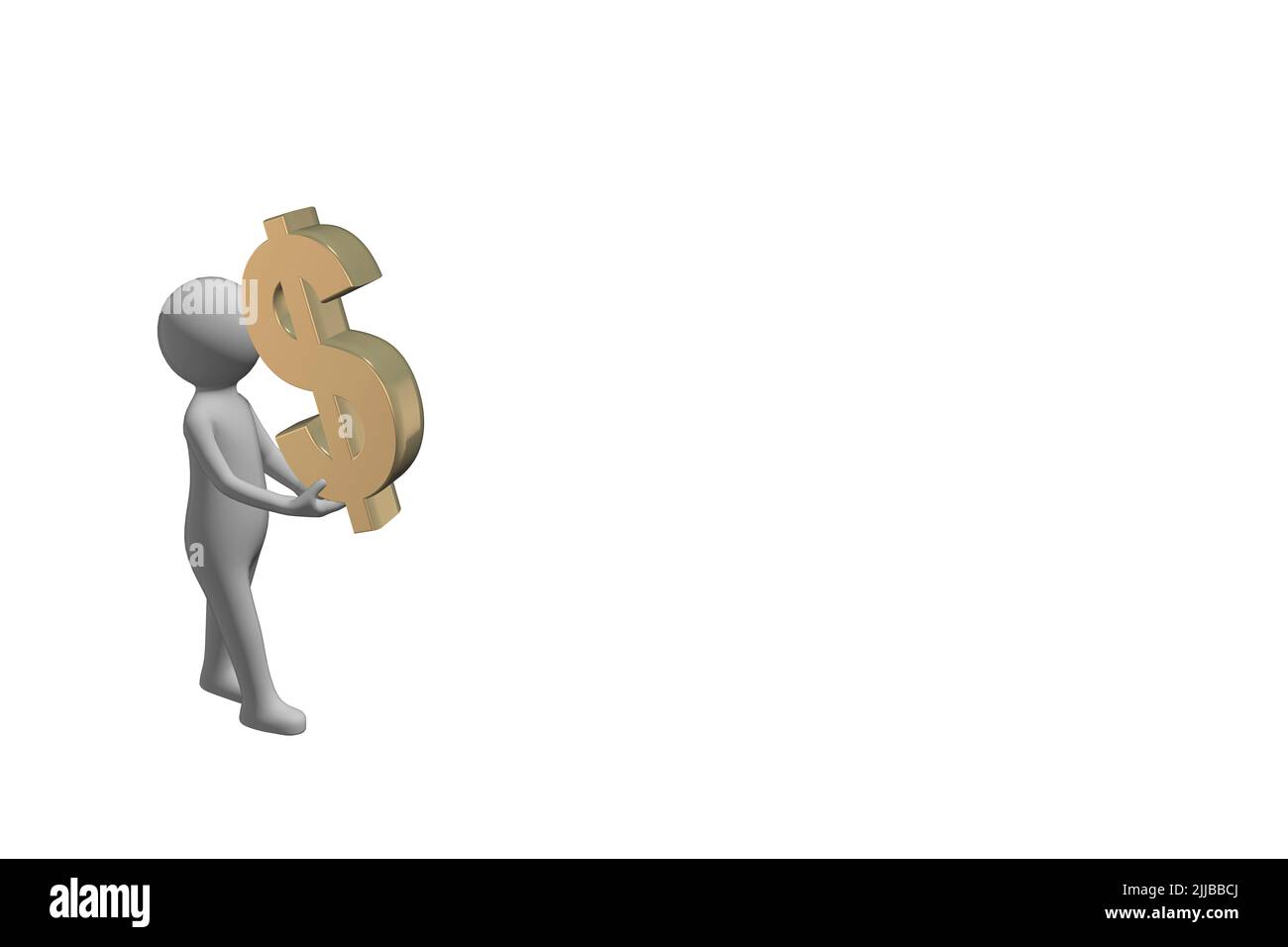 Uomo che trasporta il concetto di denaro 3D figura che trasporta un segno di valuta del dollaro del metallo d'oro 3D tagliato fuori isolato su sfondo bianco Foto Stock