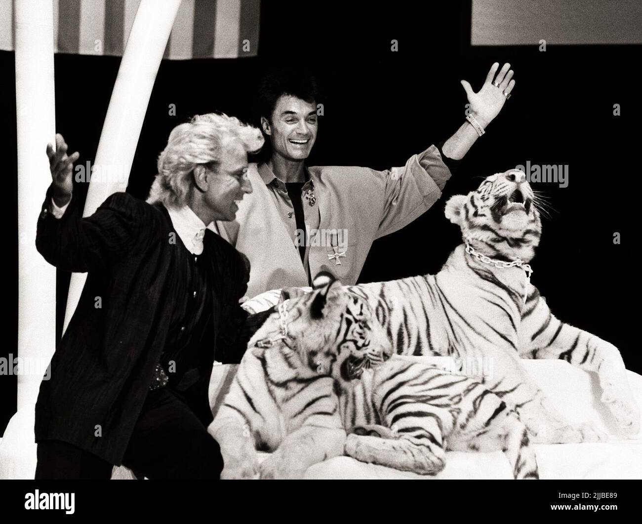 Siegfried und Roy schenken dem Phantasialand in Brühl bei Köln zum 20. Geburtstag zwei weiße Tigerjunge. Foto Stock