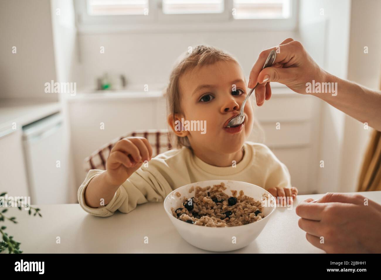 Persona adulta che allatta il porridge a un bambino Foto Stock