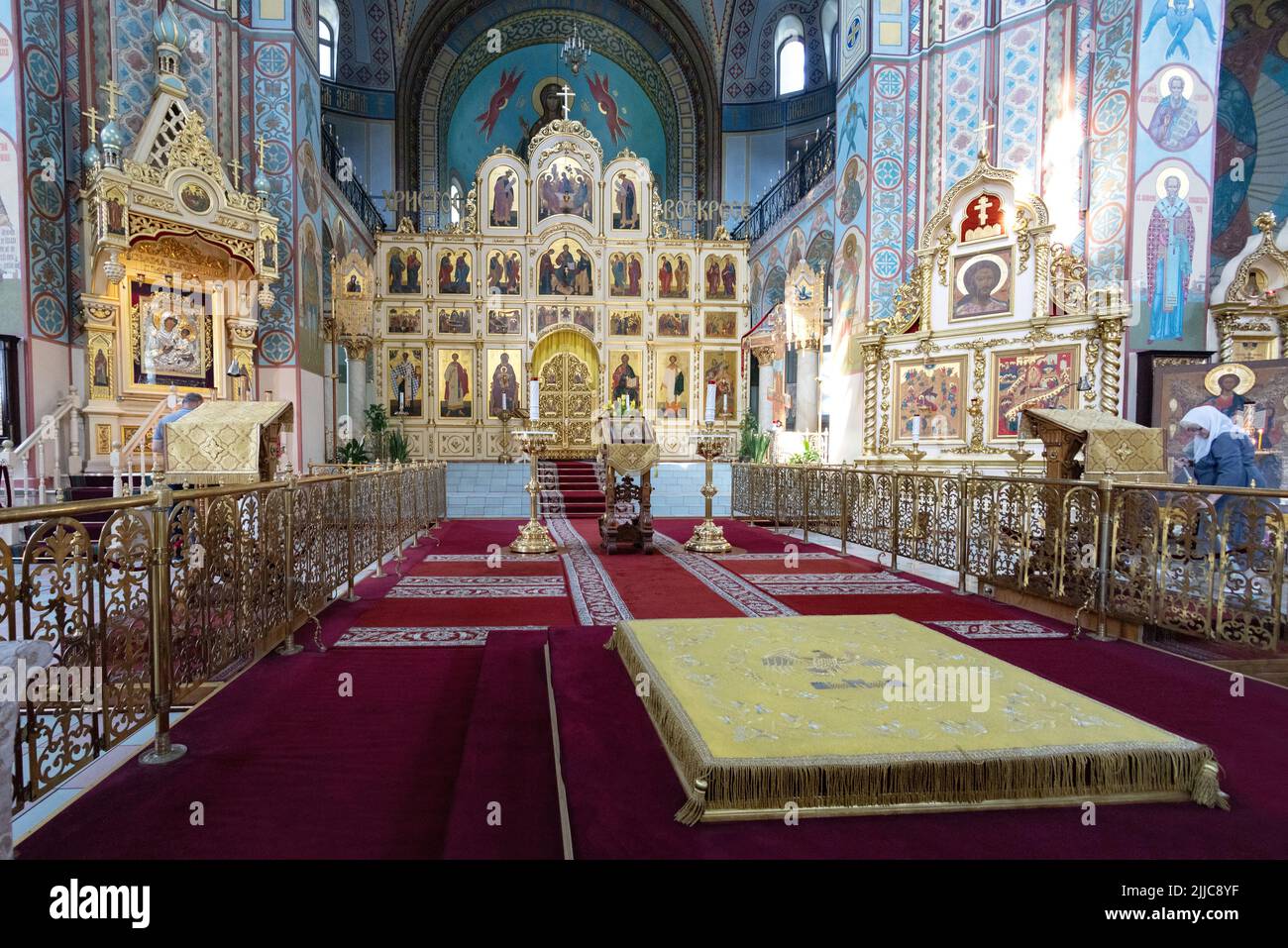 Presepe di Cristo Chiesa Ortodossa interni, immagini ornate e decorazioni; Chiesa Ortodossa, riga Lettonia Europa Foto Stock