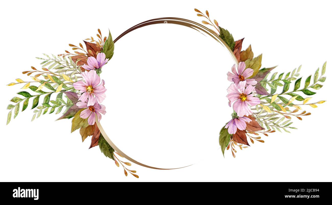 Struttura ad acquerello con fiori autunnali, rami e foglie disegnati a mano. Isolato su sfondo bianco. Design per inviti, matrimoni Foto Stock