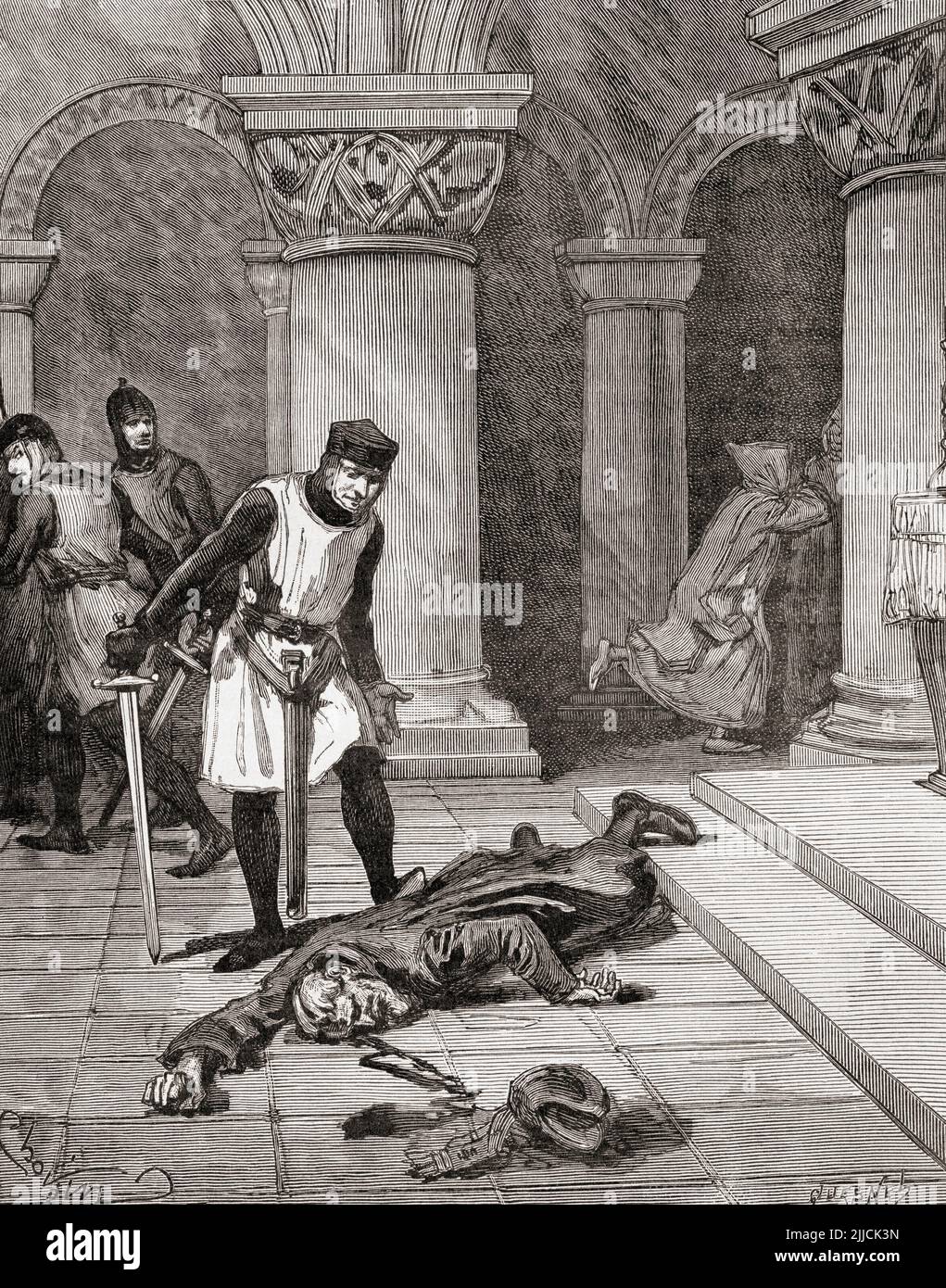 L'assassinio di Thomas Becket nel 1170 da parte dei quattro cavalieri, Reginald FitzUrse, Hugh de Morville, William de Tracy e Richard le Breton. Thomas Becket, noto anche come San Tommaso di Canterbury, Tommaso di Londra e Thomas à Becket, c.. 1119/1120 – 1170. Arcivescovo di Canterbury. Da Histoire de France, pubblicato il 1855. Foto Stock