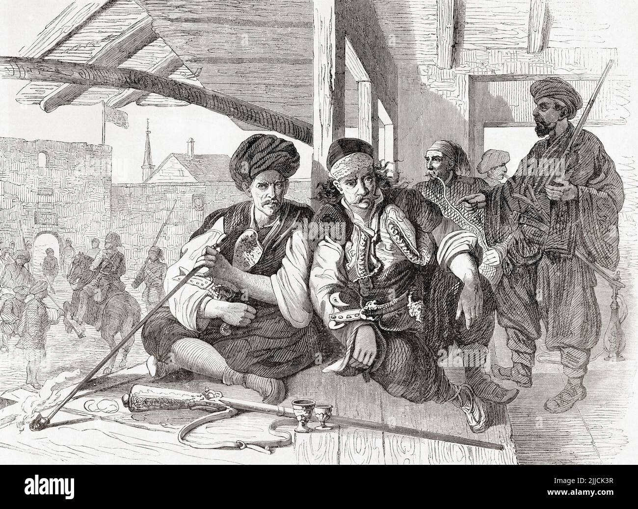 Bashi-bazouks al caffè. Un bashi-bazouk o bachibouzouk (dal turco başıbozuk, letteralmente "testa deformata") era un cavallerista mercenario dell'esercito dell'Impero Ottomano, con armamenti non standardizzati. Avevano una reputazione per il coraggio, ma anche come gruppo indisciplinato e brutale. Da l'Univers Illustre, pubblicato Parigi, 1859 Foto Stock