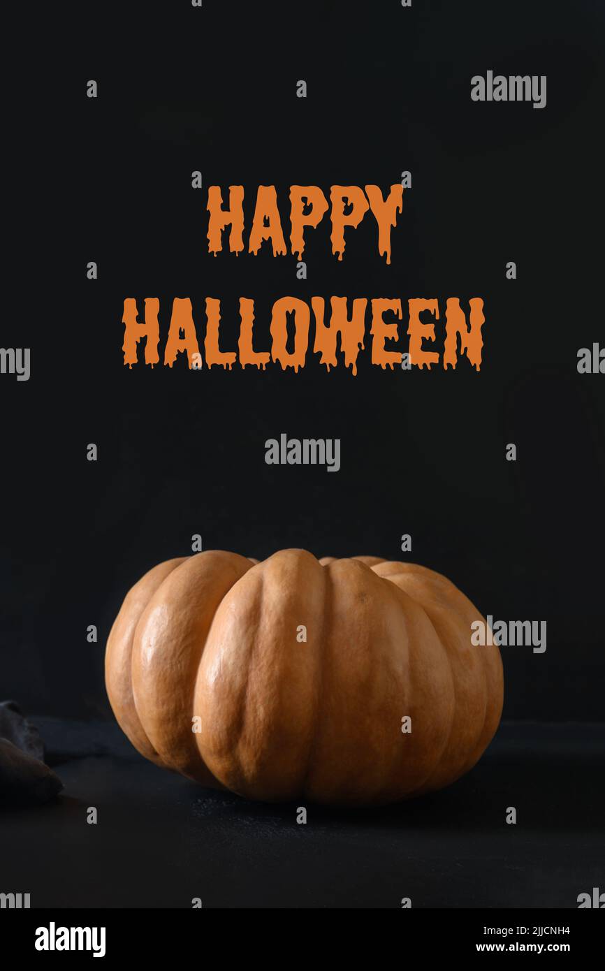 Zucca arancione su sfondo grigio. Concetto di Halloween, giorno del Ringraziamento. Foto Stock