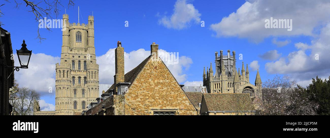 Vista primaverile sulla Cattedrale di Ely; Città di Ely; Cambridgeshire; Inghilterra; Regno Unito Foto Stock