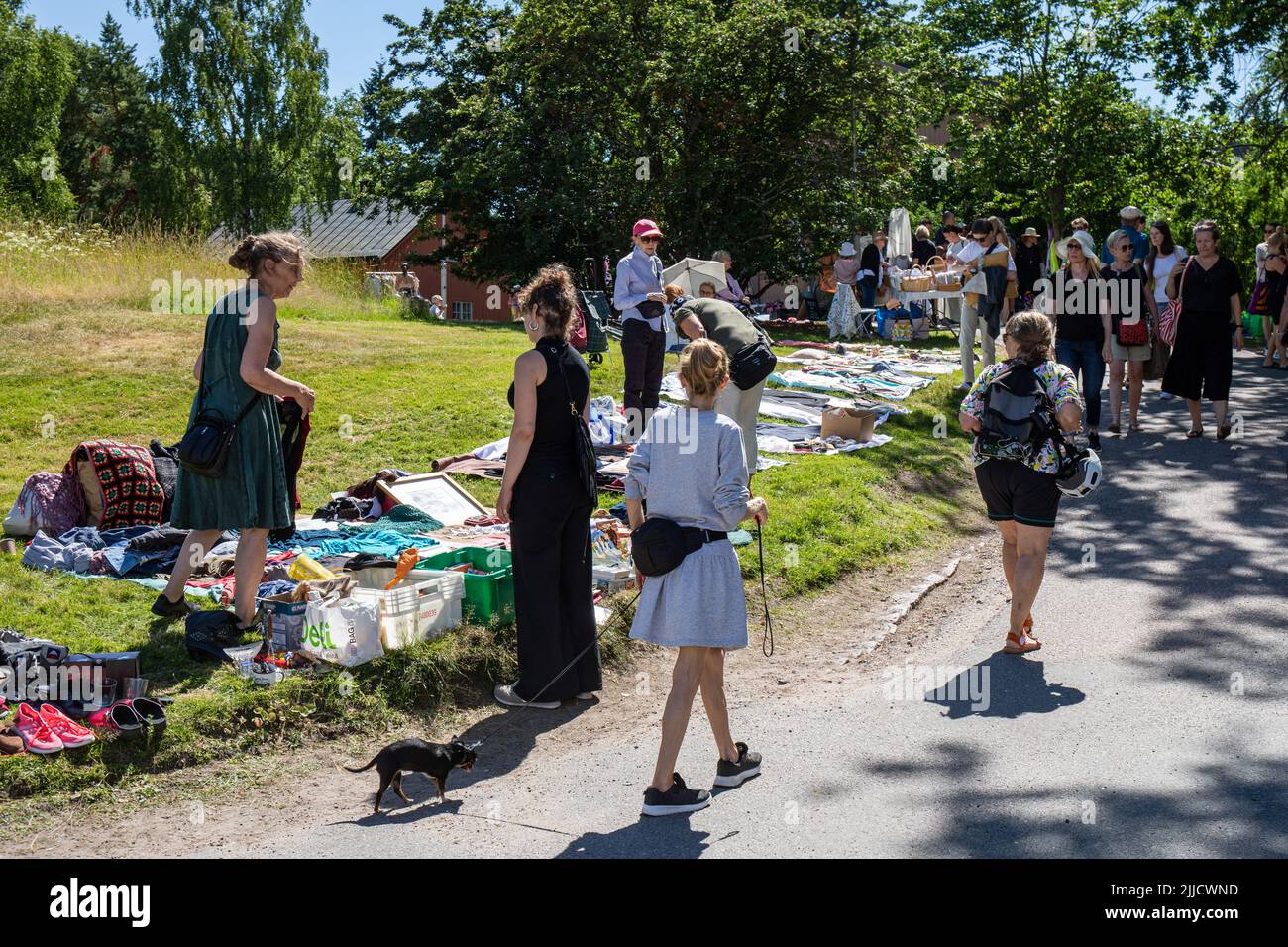 Persone al mercato delle pulci pop-up o vendita di jumble nel parco Lapinlahti, Helsinki, Finlandia Foto Stock