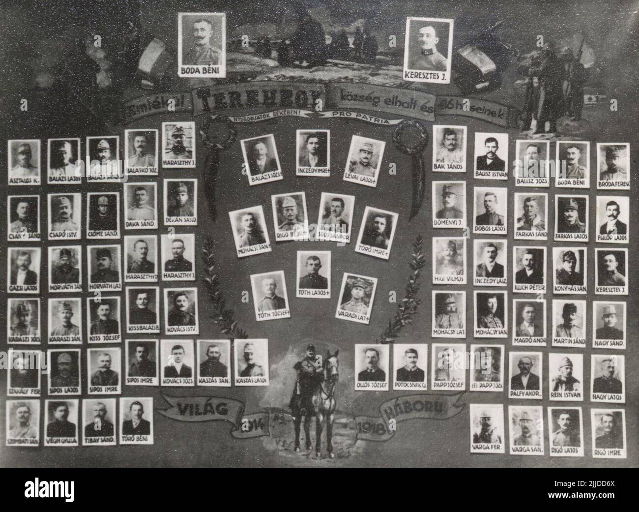 Terhegyi prima guerra mondiale Tabella immagine. WW i tableau foto con gli eroi di Terehegy. La raccolta di Storia locale della Biblioteca Csorba Gyz Könyvtár raccoglie foto e cartoline relative alla Contea di Baranya dal gennaio 1966. Secondo i dati aggiornati il 1st febbraio 2016, la raccolta è composta da 11.565 copie. Come risultato del progetto di digitalizzazione avviato nel 2012, la Collezione comprende circa 59.000 record in bianco e nero e a colori di diverse dimensioni e tipi, consultabili attraverso il catalogo elettronico. Foto Stock