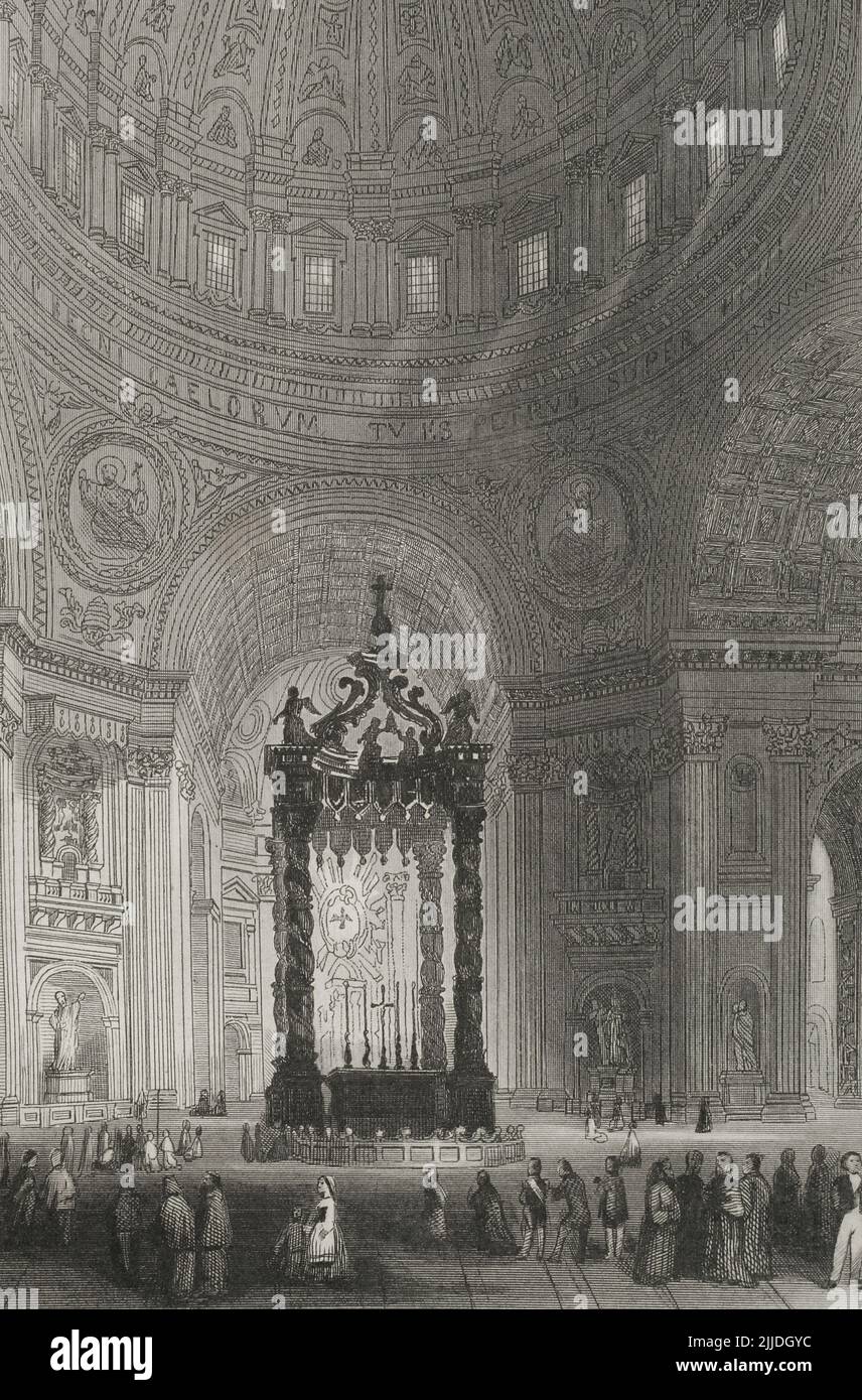 Basilica di San Pietro nella Città del Vaticano. Interno della navata centrale con il Baldachin di San Pietro, di Bernini. Incisione. "Historia Universal", di César Cantú. Volume V. 1856. Foto Stock