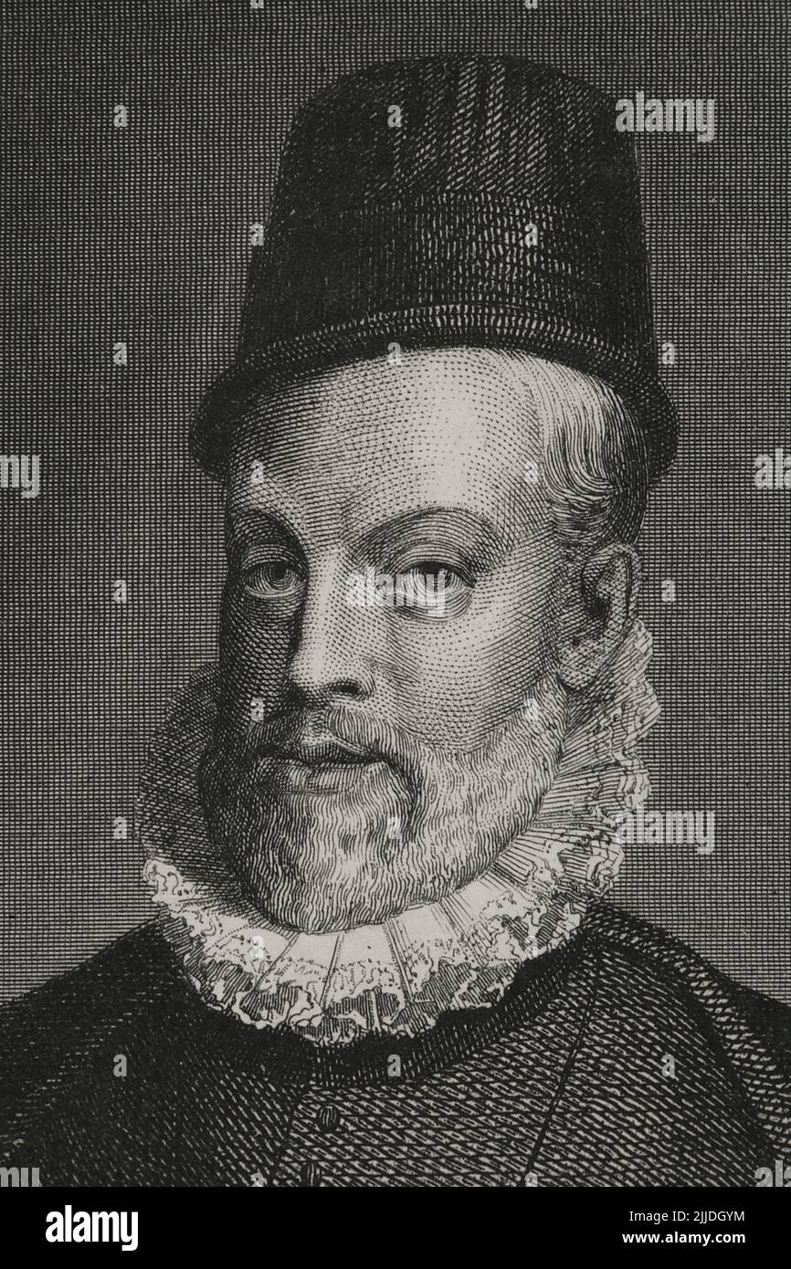 Filippo II (1527-1598). Re di Spagna (1556-1598). Verticale. Incisione di Geoffroy. Dettaglio. "Historia Universal", di César Cantú. Volume V. 1856. Foto Stock
