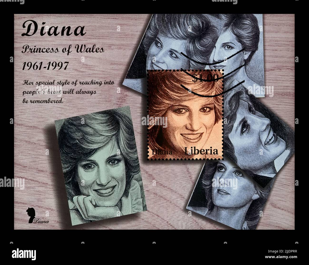 LIBERIA - CIRCA 1997: Cancelled stamp printed in Liberia dedicato alla memoria della principessa Diana, circa 1997. vintage post stamp isolato su nero ba Foto Stock