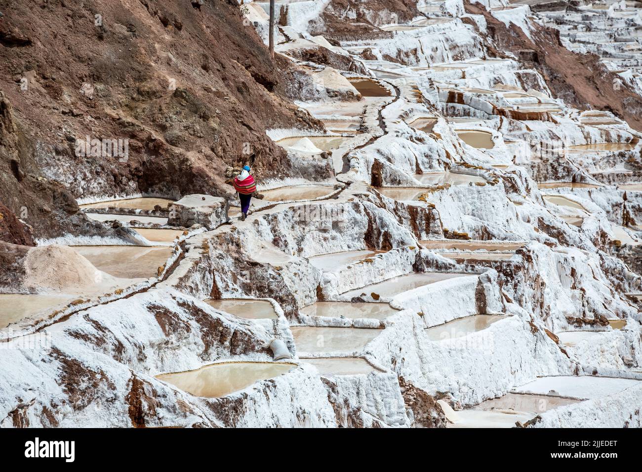Lavoratore che cammina attraverso saline, Salineras de Maras miniere di sale, Cusco, Perù Foto Stock