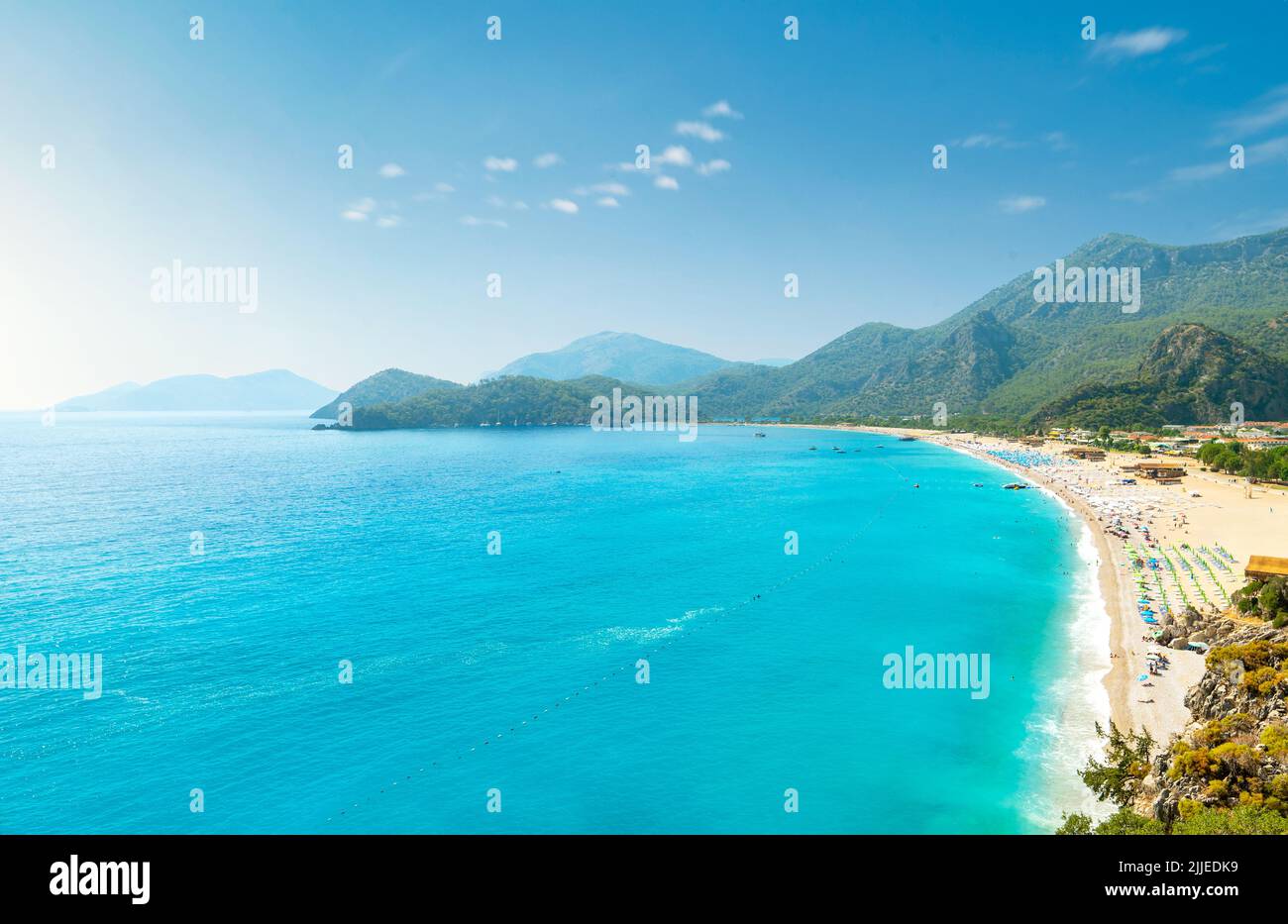 Foto grandangolare della spiaggia di oludeniz a Fethiye, Mugla, Turchia. Foto Stock