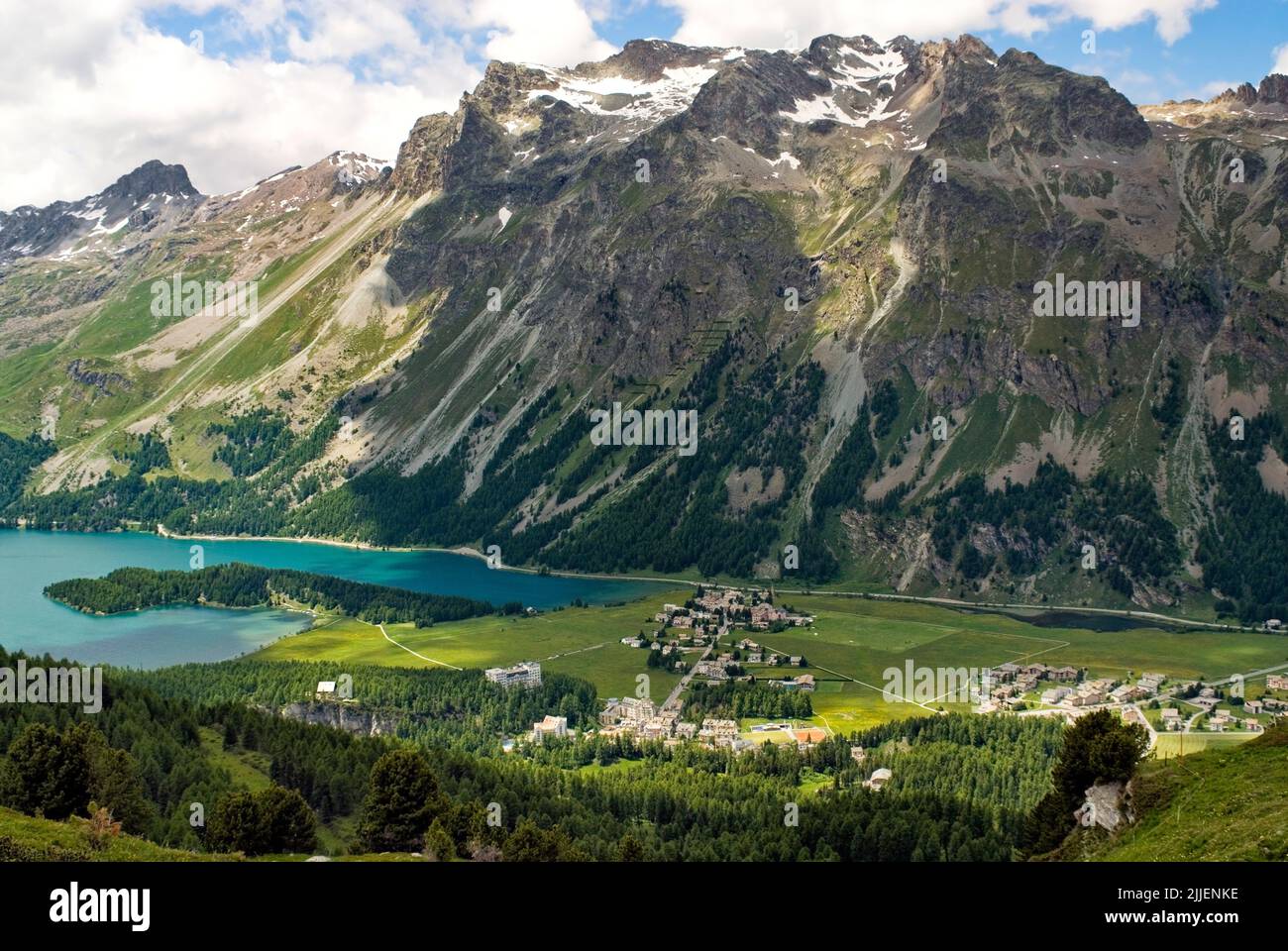 Paesaggio estivo, Lago di Sils, Svizzera, Grigioni, Oberengadin, Sils-Maria Foto Stock